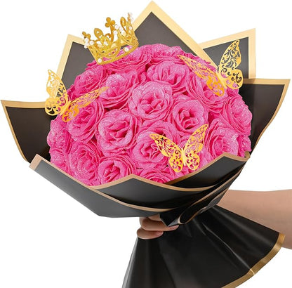 Waipfaru Glitter Roses Bouquet, DIY Fake Flowers Bouquet, Birthday Gifts for Women Mom, 24 Pcs Hot Pink Rose for Wife Girlfriend Valentines, Mothers Day, Anniversary, Graduation