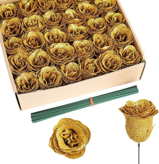 Gold Roses,30PCS Glitter Roses Bouquet Artificial Roses with Stems for Wedding Bouquet Party Christmas Home Decor(Gold)