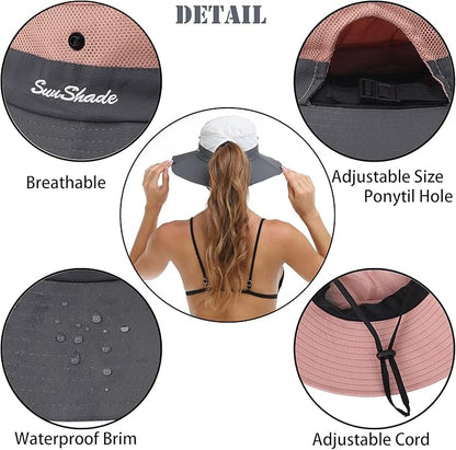 Womens Summer Sun Hat Beach Hat Wide Brim Outdoor UV Protection Hat Foldable Cool Mesh Ponytail Bucket Hat