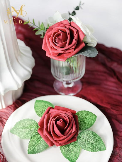 Meldel Artificial Flower 50pcs Real Looking Red Rose Fake Foam Roses with Stems for DIY Wedding Bouquets Gifts Bulk Crafts Faux Floral Centerpieces Arrangements Home Party Tables Decorations