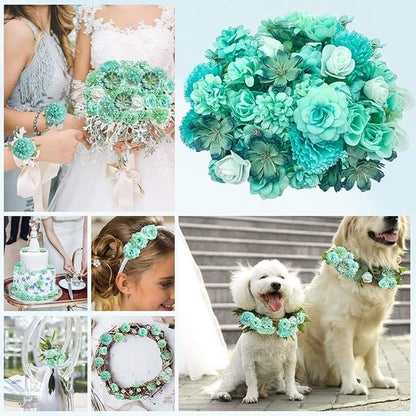 70 pcs Mini Artificial Flowers Heads Mint Green Silk Peony Daisy Rose Bulk Mix Flower Heads Faux Rose for Crafts Graduation Wedding Baby Shower DIY Home Party Decoration