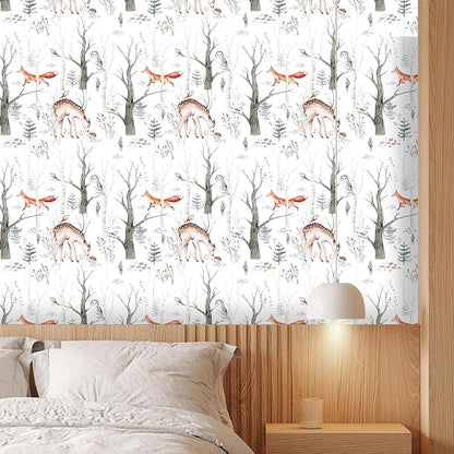 Forest Animals Peel & Stick Wallpaper - Self Adhesive Plants & Vintage Pattern - Removable Wallpaper for Bathroom - 17.71in X 118.1in
