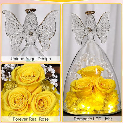 Christmas Rose Gifts for Women Preserved Real Flower in Glass Angel Figurines Roses for Delivery Prime Birthday Gifts for Mom Grandma Girlfriend Wife Her, Yellow
