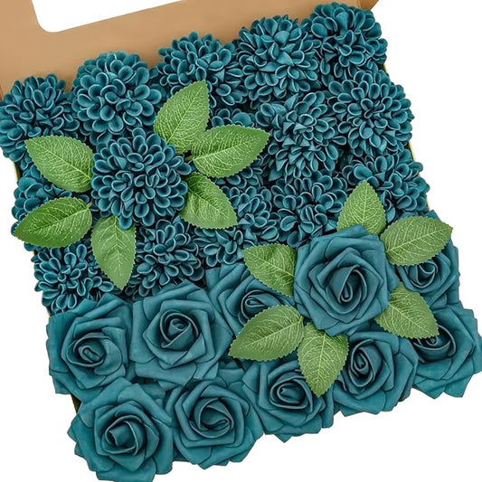 Artificial Flowers, 100pcs Dark Teal Artificial Rose for DIY Wedding Bouquets Centerpieces Arrangements, Dark Teal and Dahlia Flowers with Stem for Bridal Shower Party Home Decorations