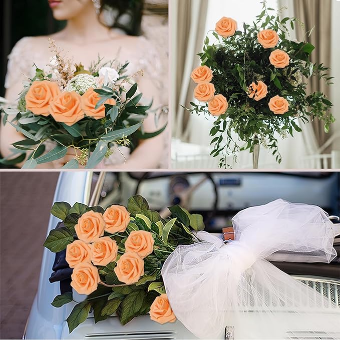 200PCS Orange Artificial Flowers Roses Real Looking Foam Fake Roses with Leaves for DIY Wedding Bouquets Bridal Shower Party Decorations (Orange, 200)