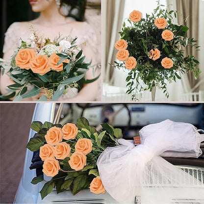 200PCS Orange Artificial Flowers Roses Real Looking Foam Fake Roses with Leaves for DIY Wedding Bouquets Bridal Shower Party Decorations (Orange, 200)