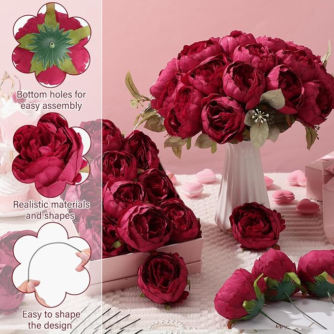50 Pcs Artificial Peony Flower Bulk 3.5 Inch Silk Peony Flowers Heads with Stems Realistic Fake Roses for DIY Wedding Party Craft Bridal Bouquets Table Centerpieces Vase Home Decor(Burgundy)