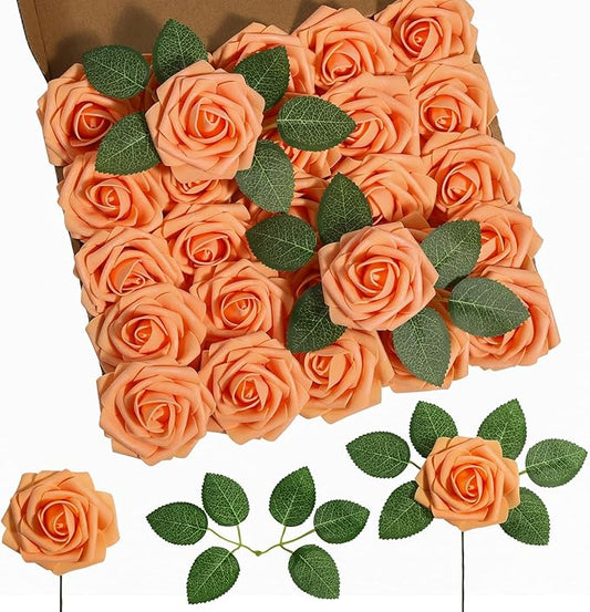 DuHouse 25Pcs Artificial Roses Flowers Fake Rose with Stems Real Touch Foam Flowers for DIY Wedding Bouquet Baby Shower Centerpiece Floral Arrangement Party Home Decor(Peach Fuzz)