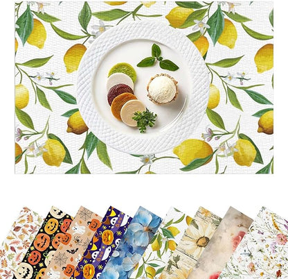 Placemats Set of 4 Waterproof Oilproof Table Mats Lemon Pattern Washable Wipeable Heat Resistant Easy to Clean for Indoor Outdoor Party Kitchen Dining Table Decoration 12 * 18in