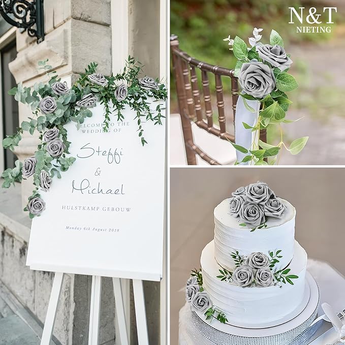 N&T NIETING Artificial Rose, 25pcs Gray Fake Foam Flowers with Stems for Wedding Party Baby Shower Cake Decoration, Home Display