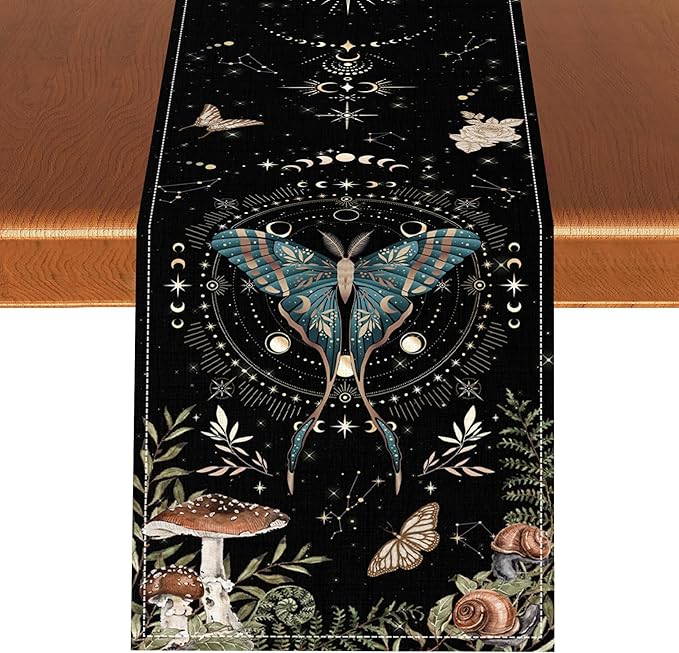 Gothic Moth Table Runner, Boho Gothic Sun Moon Phase Mystical Mushroom Floral Witchy Farmhouse Coffee Table Center Decor for Home Kitchen Dining Patio Holiday Party Table Decorations 13x36 inches