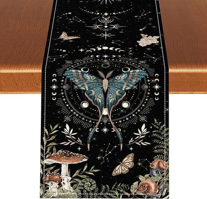 Gothic Moth Table Runner, Boho Gothic Sun Moon Phase Mystical Mushroom Floral Witchy Farmhouse Coffee Table Center Decor for Home Kitchen Dining Patio Holiday Party Table Decorations 13x90 inches