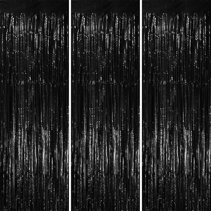3 Pack 3.3x8.2 Feet Black Foil Fringe Backdrop Curtains, Tinsel Streamers Birthday Party Decorations, Fringe Backdrop for Graduation, New Years, Halloween, Disco Party