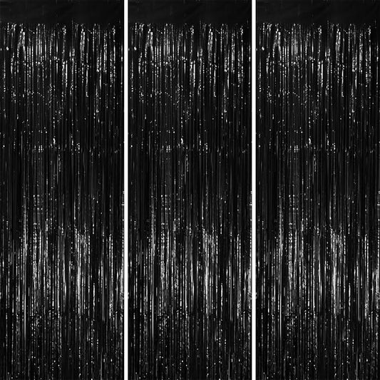 3 Pack 3.3x8.2 Feet Black Foil Fringe Backdrop Curtains, Tinsel Streamers Birthday Party Decorations, Fringe Backdrop for Graduation, New Years, Halloween, Disco Party