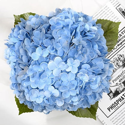 BLEUM CADE Luxury PU Fake Flowers in Vase with Faux Water, Blue Real Touch Hydrangea Artificial Flowers with Glass Vase for Office Home Dining Room Centerpiece Table Decorations