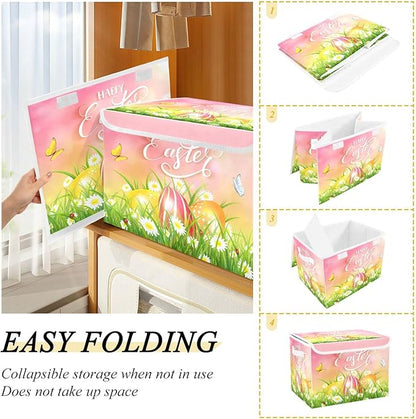 senya Easter Storage Baskets Collapsible Storage Bins with Lids, Happy Easter Eggs and Butterfly Storage Boxes Clothes Baskets for Organizing