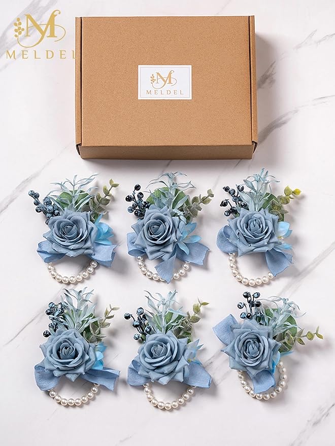 Meldel Dusty Blue Rose Wrist Corsage for Women, Set of 6, Wedding Bridal Corsage Hand Flower Decor for Prom Corsages Party Homecoming, Wristband Flowers for Bride Bridesmaid Girl Mother Wristlet Décor