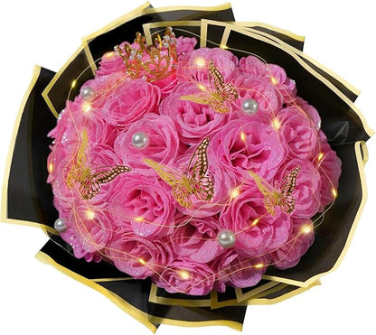 Pink Glitter Roses Bouquet, 24 Pcs Shiny Glitter Flowers Bouquet, Everlasting DIY Artificial Roses Bouquet for Christmas, Birthday, Anniversary, Wedding, Engagement