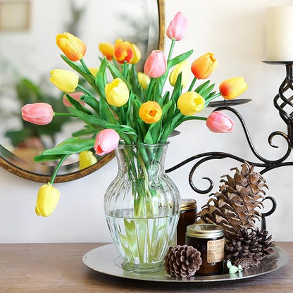 FiveSeasonStuff 15 Stems Real Touch Artificial Tulips – Lifelike Faux Flowers for Home, Weddings, Gifts & Spring Floral Décor (Festive Bloom – Orange, Yellow, Pink)