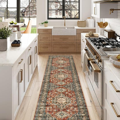 Lahome Oriental Hallway Runner Rug, 2.5x10 Washable Runner Ultra-Thin Hallway Rug for Bedroom Entryway, Soft Long Carpet for Kitchen Bathroom ‎Laundry Room, Brick Red