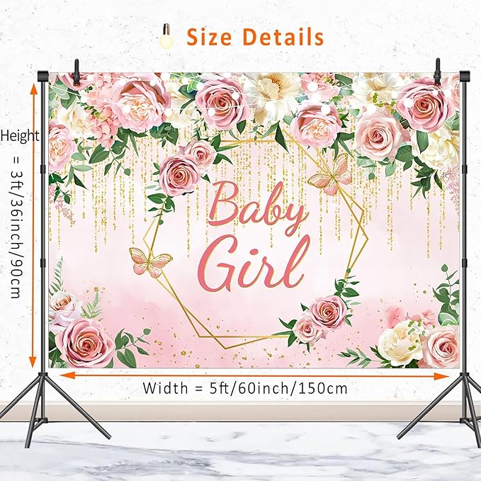 Pink Floral Baby Girls Baby Shower Backdrop Banner Decorations,Blush Rose Flower It's Baby Girl Backdrops Banner Photography Background Princess Baby Shower Party Photo Booth Supplies 5x3ft