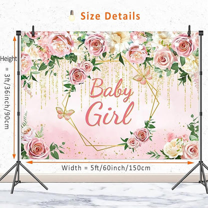 Pink Floral Baby Girls Baby Shower Backdrop Banner Decorations,Blush Rose Flower It's Baby Girl Backdrops Banner Photography Background Princess Baby Shower Party Photo Booth Supplies 5x3ft