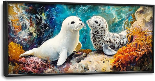 Extra Large Seal Framed Wall Art for Living Room,Oversized Underwater Animal Pictures Wall Decor,Ocean Coral Reef Canvas Print Painting Modern Artwork Bedroom Office Bathroom 60L x 30W