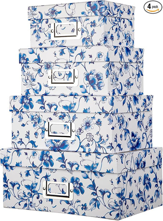 Briful Blue and White Porcelain Storage Boxes with Lids, Set of 4 – Chinoiserie Nested Card Photo Storage Box Organizer, Decorative Paperboard Box for Closet, Office, Gifts,Cosmetic,Books