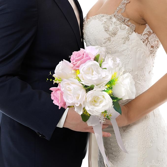 Wedding Bouquets for Bride - Realistic Silk Flowers Artificial Roses, 8 Inch Bridesmaid Bouquet for Ceremony, Church, Anniversary, and Home Decoration (White & Pink)