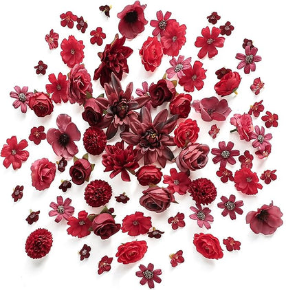 Floroom Mini Artificial Flower Heads Burgundy & Red Fake Peony Daisy Rose Multicolor Small Faux Silk Flower Heads for Cake Craft Garland Wedding Party Graduation Cap DIY Home Decoration, 0.8"-3.6"