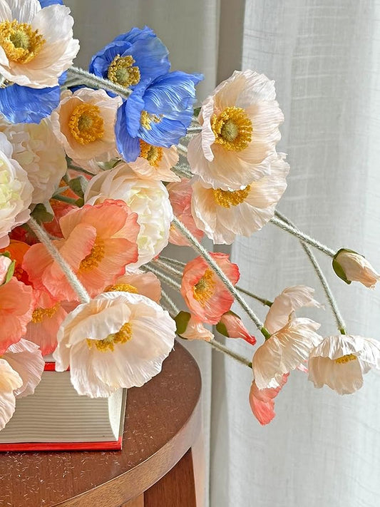 Set of 6 Poppies Flowers Artificial Silk Flowers with Long Stems Faux Wildflowers Bouquet for Vases Oil Pastel Style for Wedding Party Indoor Home Office Decor (Champagne)