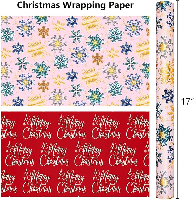 MAYPLUSS Christmas Wrapping Paper - 17 Inch X 33 Feet - Gold Snowflakes Against Pink Reversible Merry Christmas Gift Wrapping Paper, Metallic Foil Thick Gift Wrap Paper for Holiday Party New Year Kids