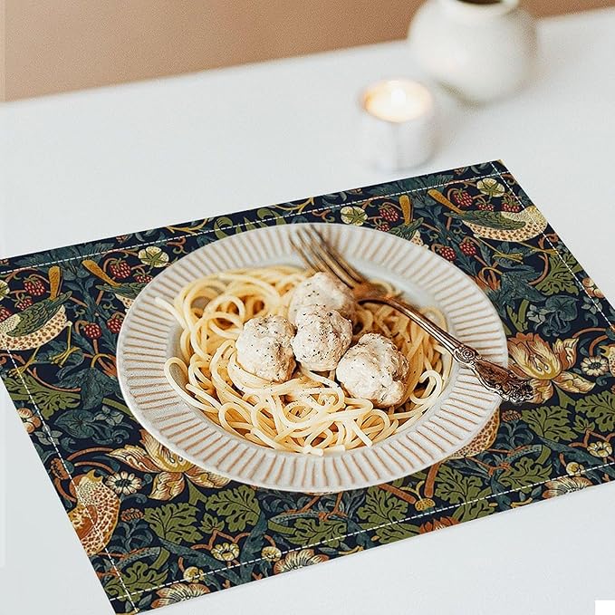 William Morris Floral Placemats Set of 6, Vintage Flower Strawberry Birds Green Place Mats, Heat Resistant Non Slip Cotton Linen Dining Table Mats for Home Kitchen Party 18x12 Inch
