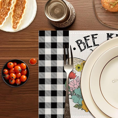 Summer Bee Placemats Set of 6,Washable Heat Resistant 12×18 Inch Linen Table Mats Sunflower Place Mats for Party Outdoor Dining Decor