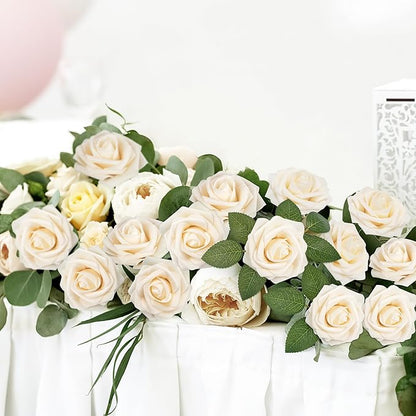 Mocoosy 50Pcs Rose Artificial Flowers, Cream White Fake Roses for Decorations, Real Touch Beige Foam Rose Bulk with Stems DIY Wedding Bouquets Floral Arrangements Bridal Shower Party Home Table Decor