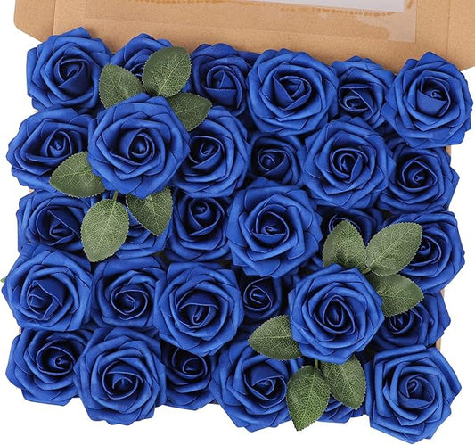 MACTING Artificial Flower Roses 30PCS Real Touch Fake Flowers with Stem Foam Roses for DIY Wedding Bouquets Backdrop Party Bridal Shower Spring Home Valentines Day Decorations,Dark Royal Blue
