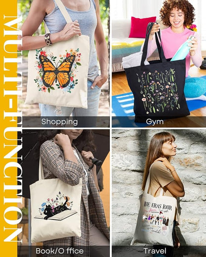 AUSVKAI Cute Canvas Tote Bag Aesthetic for Women Grocery Bag Cotton Shopping Beach Totes Gift-Flower Butterfly