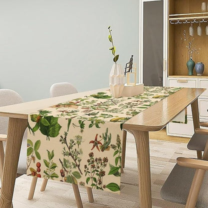 Vintage Botanical Table Runner Rustic Wildflower Plants Herbs Retro Boho Wild Floral Ferns Green Leaf Spring Summer Seasonal Dinner Runner for Home Kitchen Cabin Holiday Party Decor 13x60in