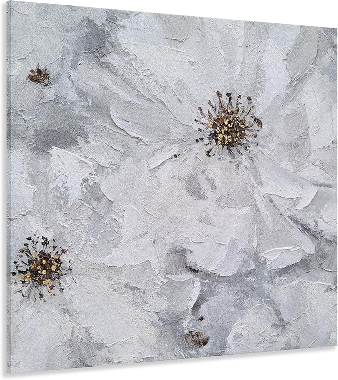 SYGALLERIER White and Gray Flower Blooms Wall Art - Handcrafted Floral Canvas with Gold Foil Embellishments Modern Flower Wall Decor for Livingroom Bedroom Bathroom 40X40