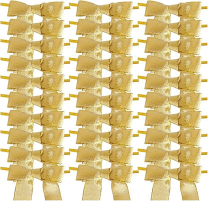 50pcs 2-1/2" Metallic Gold Bows for Crafts Pretaied Christmas Bows for Decoration with Twist Ties Hot Cut Tails(W.Gold)