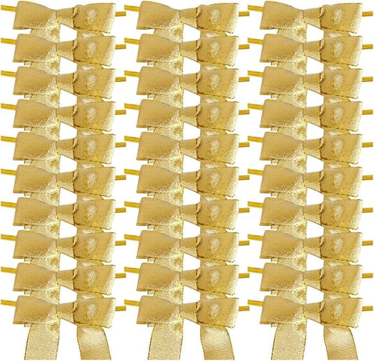 50pcs 2-1/2" Metallic Gold Bows for Crafts Pretaied Christmas Bows for Decoration with Twist Ties Hot Cut Tails(W.Gold)
