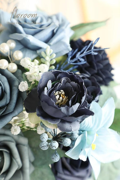 Floroom Artificial Greenery Stems Box Set, 59pcs with 8 Kinds of Faux Greenery Flowers Picks for DIY Bridal Bouquets Wedding Floral Arrangement Table Centerpieces, Navy & Dusty Blue
