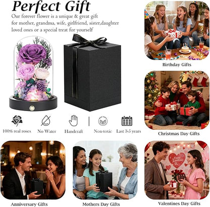 Forever Flowers for Delivery, Purple Preserved Flowers in Glass Dome,Eternal Rose That Last 1-3 Years Valentines Day Christmas Anniversary Birthday Gifts for Women Mom Wife Girlfriend Her