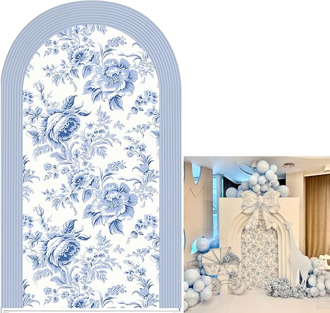 Blue and White Floral Arch Backdrop Cover Vintage Peony Arch Stand Spandex Cover Elegant Toile de Jouy Wedding Baby Shower Birthday Party Decoration French Country Style Background (G4229,6FT)