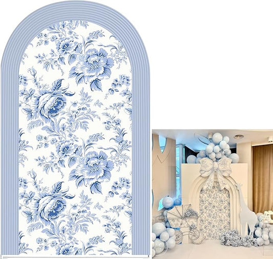Blue and White Floral Arch Backdrop Cover Vintage Peony Arch Stand Spandex Cover Elegant Toile de Jouy Wedding Baby Shower Birthday Party Decoration French Country Style Background (G4229,6.6FT)
