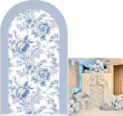Blue and White Floral Arch Backdrop Cover Vintage Peony Arch Stand Spandex Cover Elegant Toile de Jouy Wedding Baby Shower Birthday Party Decoration French Country Style Background (G4229,7.2FT)