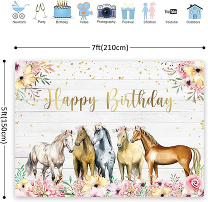 Riyidecor Horse Happy Birthday Backdrop for Girls Women 7Wx5H Feet Polyester Fabric Rustic Western Cowgirl Watercolor Florals Photography Background Wooden Table Decor Banner Studio Photo Shoot
