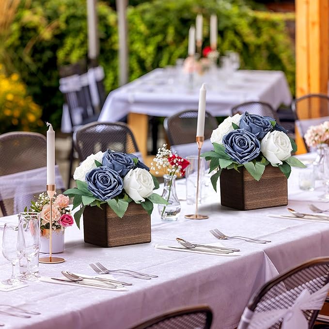 Dining Table Centerpiece Set of 6 - Pre-Made Aritifial Rose with Wooden Vase Fake Floral Arrangment Faux Flower for Wedding Bridal Tea Party Event Decorations - Navy Blue & White