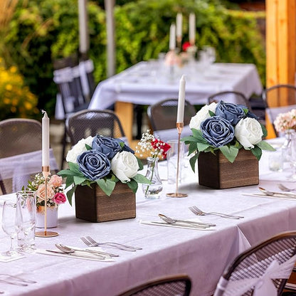 Dining Table Centerpiece Set of 6 - Pre-Made Aritifial Rose with Wooden Vase Fake Floral Arrangment Faux Flower for Wedding Bridal Tea Party Event Decorations - Navy Blue & White