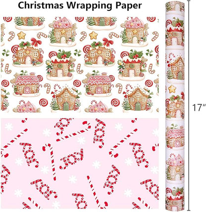MAYPLUSS Christmas Wrapping Paper Roll - 17 Inch X 33 Feet - Cute Pink Gingerbread House Reversible Candy Cane Gift Wrapping Paper, Thick Gift Wrap Paper for Holiday Party New Year Kids